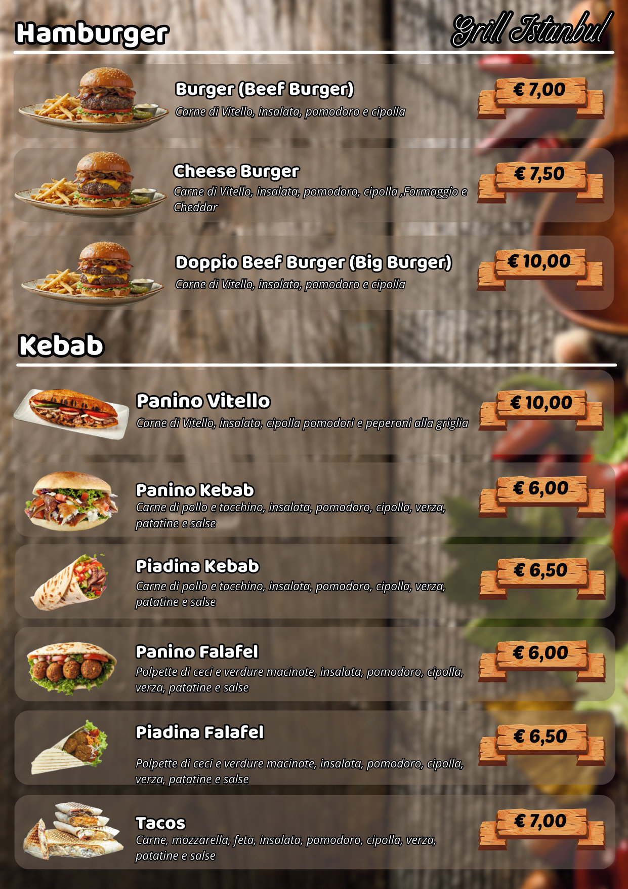 Menu kebab Pisa — panino kebab piadina döner Grill Istanbul
